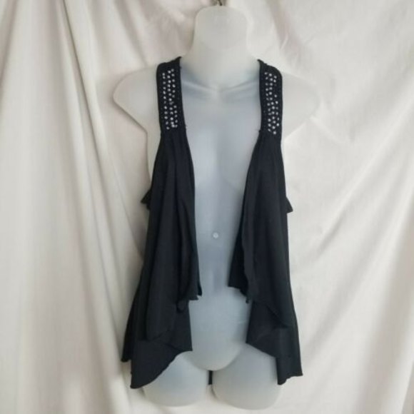 Eyeshadow Jackets & Blazers - 4/$25 EYESHADOW Black Boho Sleeveless Swing Vest Womens M Rhinestones & Pearls